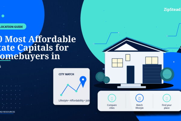 ZipStead.com featured image for 10 Most Affordable State Capitals for Homebuyers in 2026, showing a branded relocation guide real estate illustration with a modern home and visual data elements.