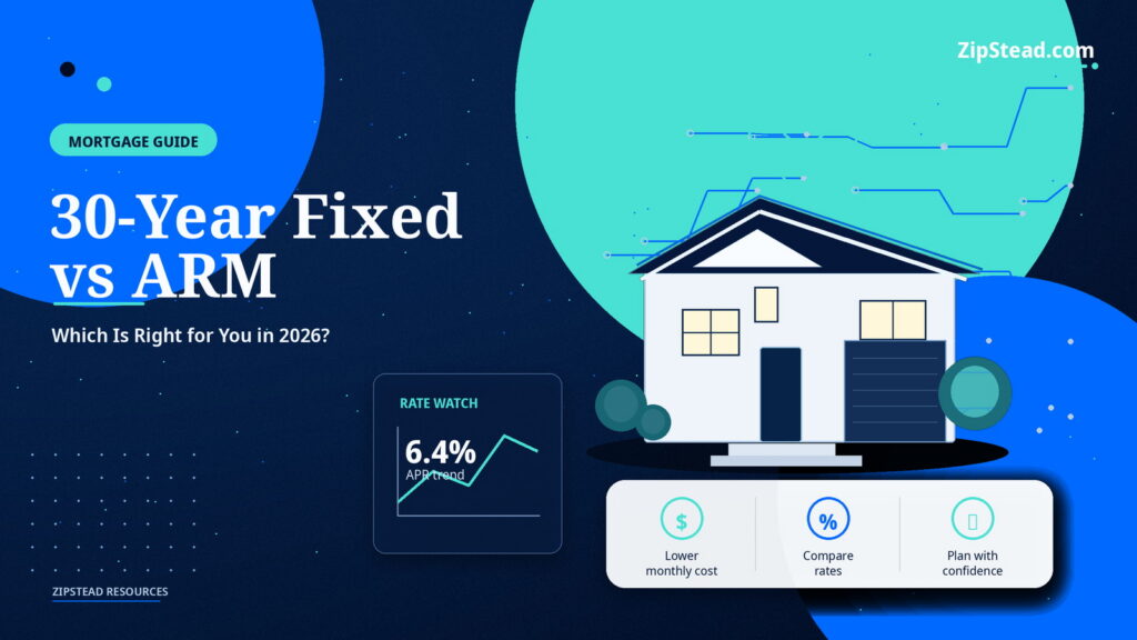 ZipStead.com featured image for 30-Year Fixed vs ARM: Which Is Right for You in 2026?, showing a branded mortgage guide real estate illustration with a modern home and visual data elements.