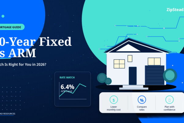 ZipStead.com featured image for 30-Year Fixed vs ARM: Which Is Right for You in 2026?, showing a branded mortgage guide real estate illustration with a modern home and visual data elements.