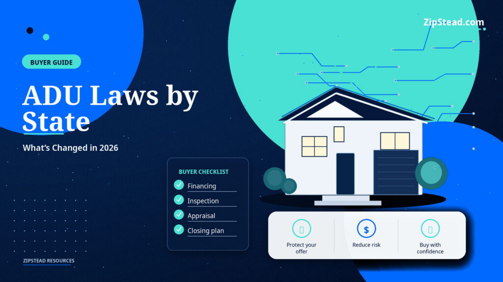 ZipStead.com featured image for ADU Laws by State: What’s Changed in 2026, showing a branded buyer guide real estate illustration with a modern home and visual data elements.