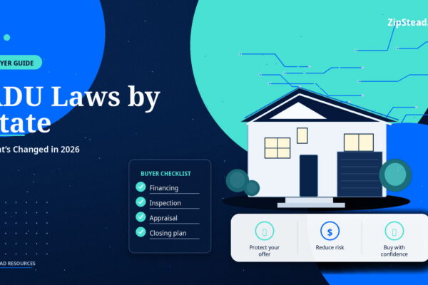 ZipStead.com featured image for ADU Laws by State: What’s Changed in 2026, showing a branded buyer guide real estate illustration with a modern home and visual data elements.