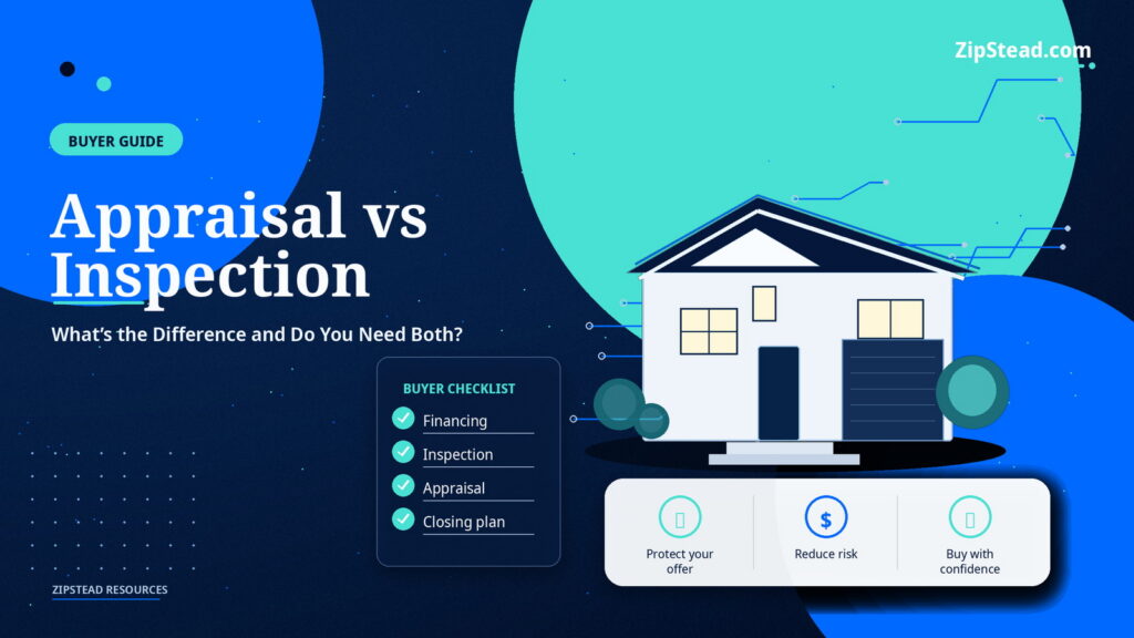 ZipStead.com featured image for Appraisal vs Inspection: What’s the Difference and Do You Need Both?, showing a branded buyer guide real estate illustration with a modern home and visual data elements.