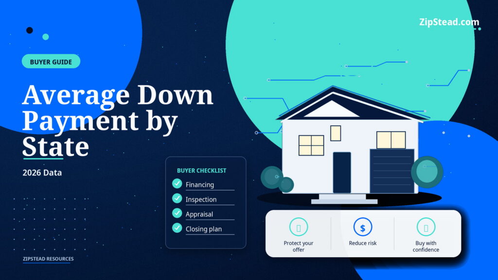 ZipStead.com featured image for Average Down Payment by State: 2026 Data, showing a branded buyer guide real estate illustration with a modern home and visual data elements.
