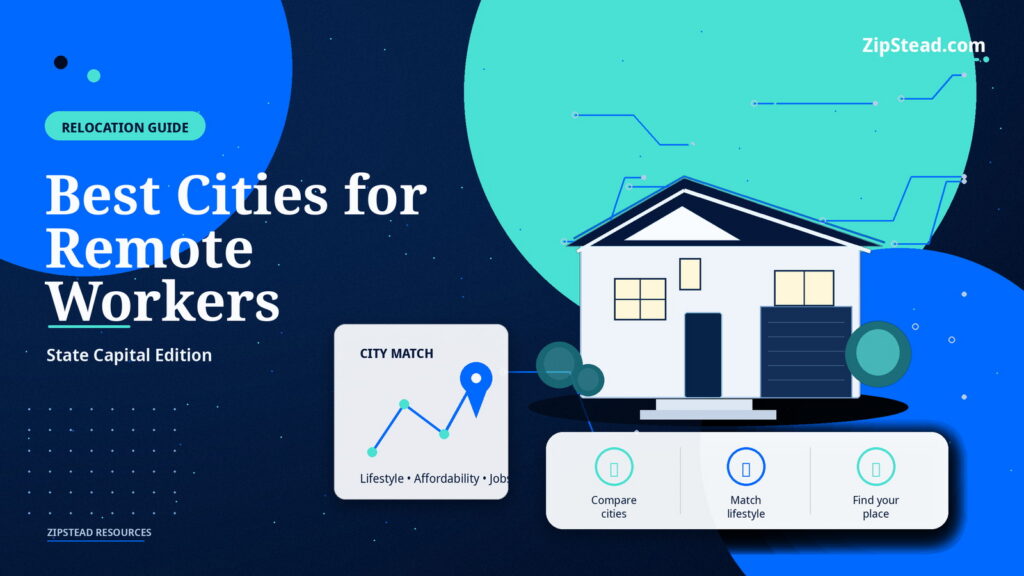 ZipStead.com featured image for Best Cities for Remote Workers: State Capital Edition, showing a branded relocation guide real estate illustration with a modern home and visual data elements.