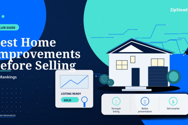 ZipStead.com featured image for Best Home Improvements Before Selling: ROI Rankings, showing a branded seller guide real estate illustration with a modern home and visual data elements.
