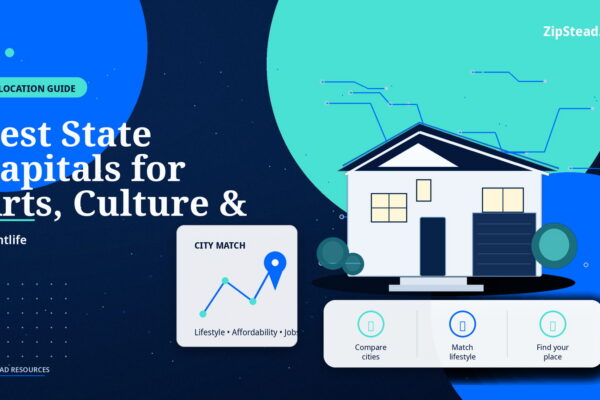 ZipStead.com featured image for Best State Capitals for Arts, Culture & Nightlife, showing a branded relocation guide real estate illustration with a modern home and visual data elements.