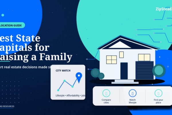 ZipStead.com featured image for Best State Capitals for Raising a Family, showing a branded relocation guide real estate illustration with a modern home and visual data elements.
