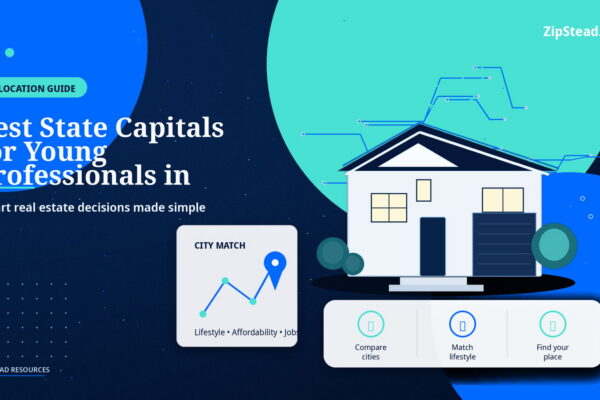ZipStead.com featured image for Best State Capitals for Young Professionals in 2026, showing a branded relocation guide real estate illustration with a modern home and visual data elements.