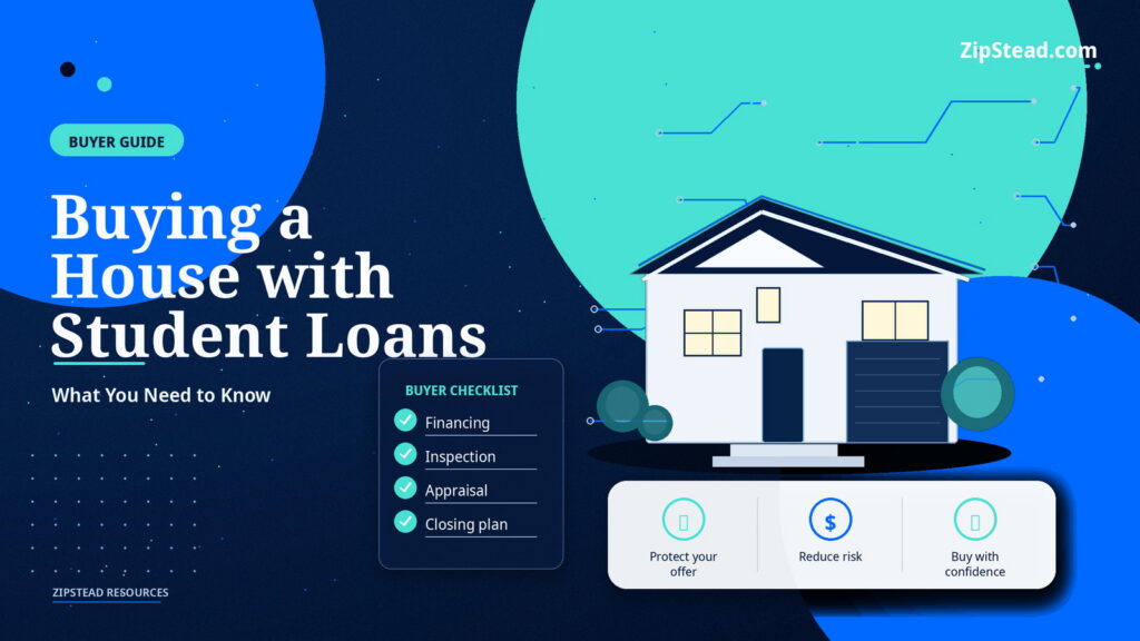 ZipStead.com featured image for Buying a House with Student Loans: What You Need to Know, showing a branded buyer guide real estate illustration with a modern home and visual data elements.
