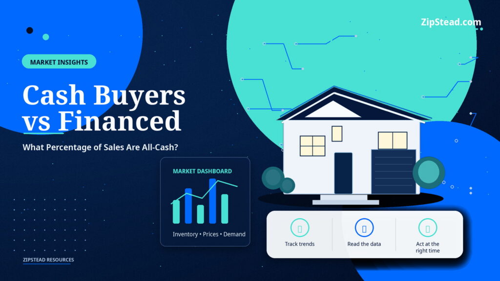 ZipStead.com featured image for Cash Buyers vs Financed: What Percentage of Sales Are All-Cash?, showing a branded market insights real estate illustration with a modern home and visual data elements.
