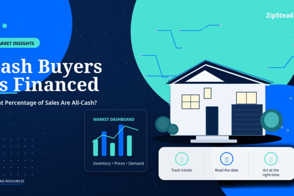 ZipStead.com featured image for Cash Buyers vs Financed: What Percentage of Sales Are All-Cash?, showing a branded market insights real estate illustration with a modern home and visual data elements.
