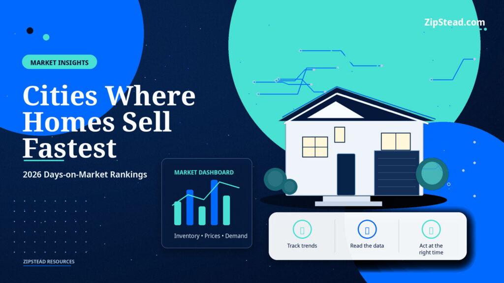 ZipStead.com featured image for Cities Where Homes Sell Fastest: 2026 Days-on-Market Rankings, showing a branded market insights real estate illustration with a modern home and visual data elements.