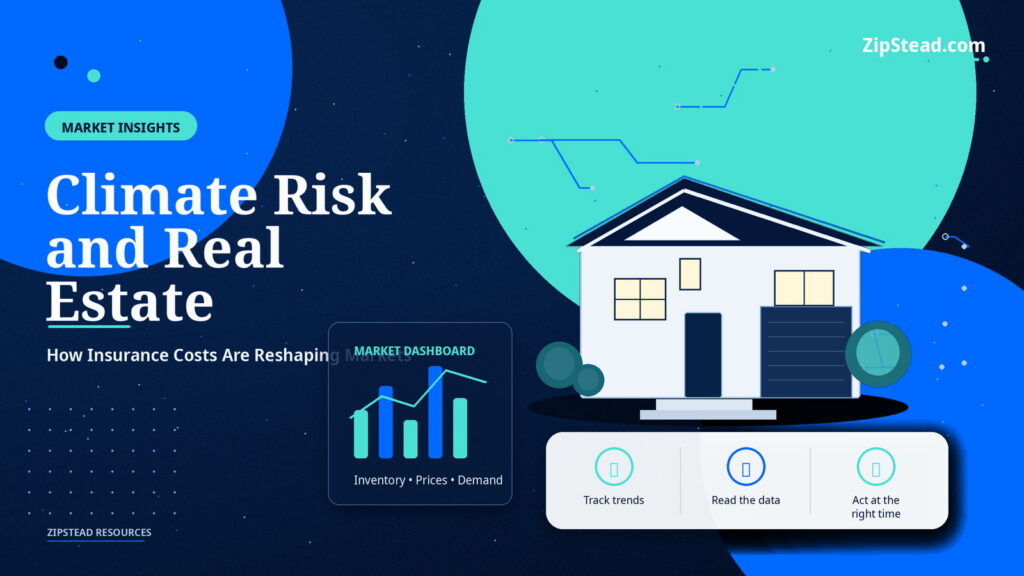 ZipStead.com featured image for Climate Risk and Real Estate: How Insurance Costs Are Reshaping Markets, showing a branded market insights real estate illustration with a modern home and visual data elements.