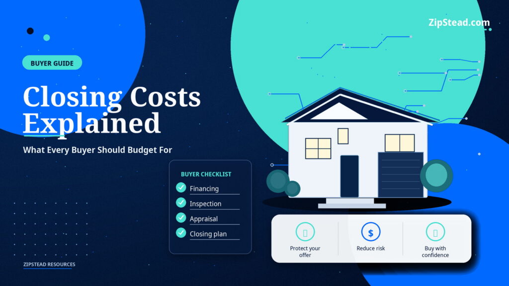 ZipStead.com featured image for Closing Costs Explained: What Every Buyer Should Budget For, showing a branded buyer guide real estate illustration with a modern home and visual data elements.