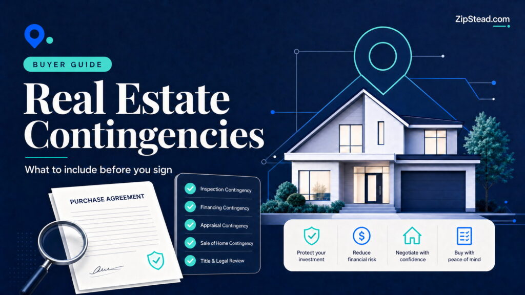 ZipStead.com featured image for Contingencies in Real Estate: Which Ones Should You Include?, showing a branded buyer guide real estate illustration with a modern home and visual data elements.