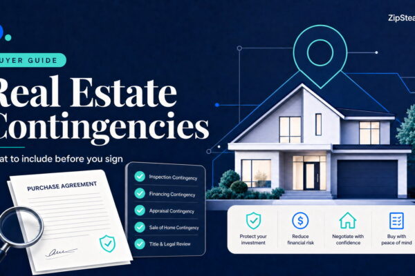 ZipStead.com featured image for Contingencies in Real Estate: Which Ones Should You Include?, showing a branded buyer guide real estate illustration with a modern home and visual data elements.