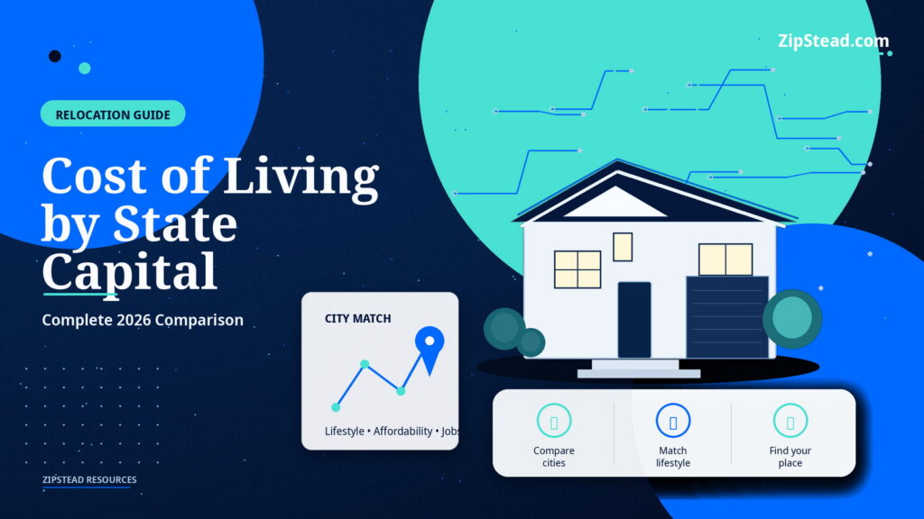ZipStead.com featured image for Cost of Living by State Capital: Complete 2026 Comparison, showing a branded relocation guide real estate illustration with a modern home and visual data elements.