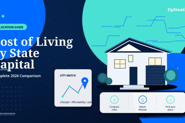 ZipStead.com featured image for Cost of Living by State Capital: Complete 2026 Comparison, showing a branded relocation guide real estate illustration with a modern home and visual data elements.