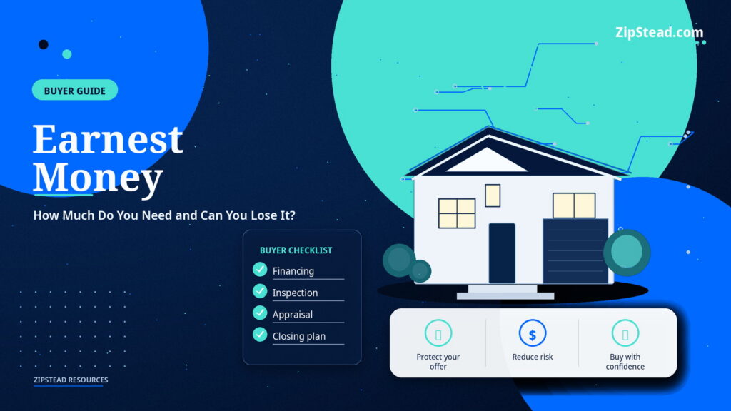 ZipStead.com featured image for Earnest Money: How Much Do You Need and Can You Lose It?, showing a branded buyer guide real estate illustration with a modern home and visual data elements.