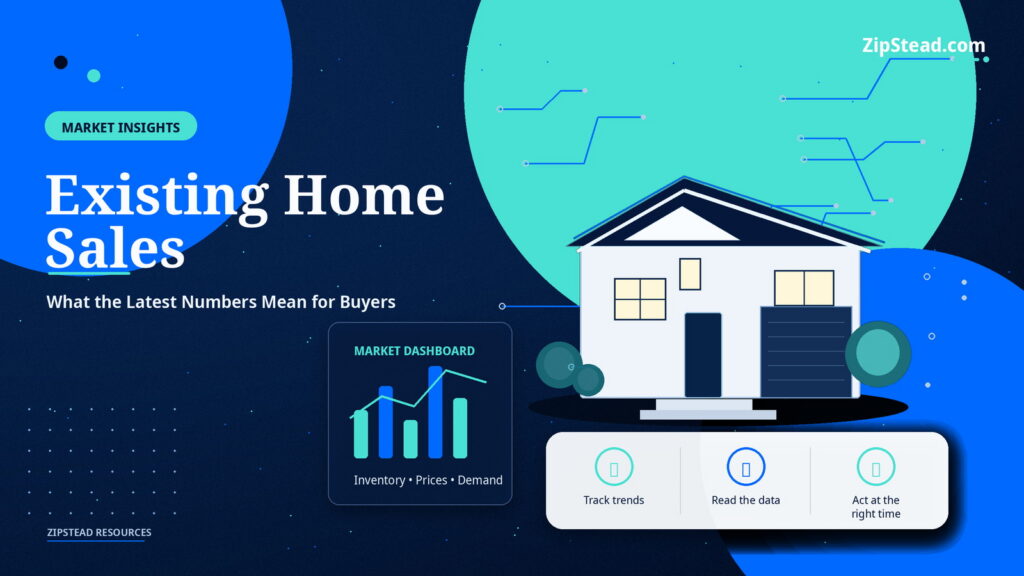 ZipStead.com featured image for Existing Home Sales: What the Latest Numbers Mean for Buyers, showing a branded market insights real estate illustration with a modern home and visual data elements.
