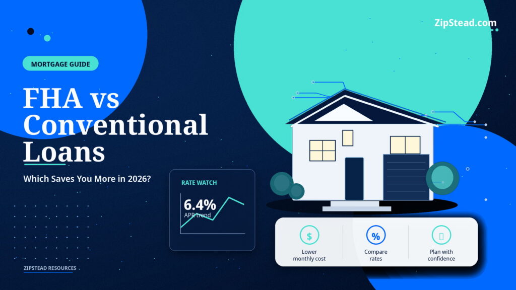 ZipStead.com featured image for FHA vs Conventional Loans: Which Saves You More in 2026?, showing a branded mortgage guide real estate illustration with a modern home and visual data elements.