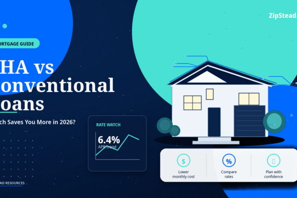ZipStead.com featured image for FHA vs Conventional Loans: Which Saves You More in 2026?, showing a branded mortgage guide real estate illustration with a modern home and visual data elements.