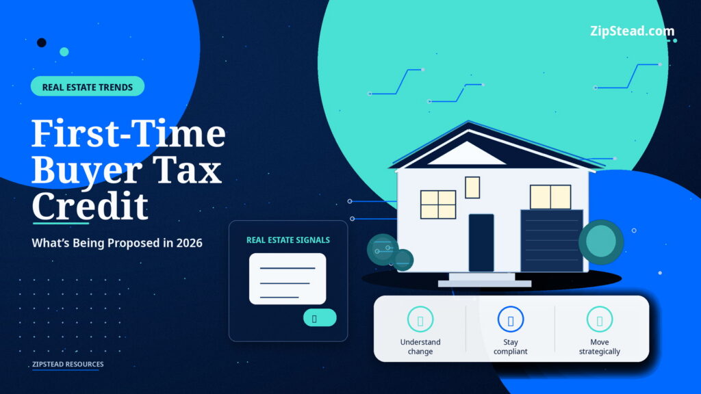 ZipStead.com featured image for First-Time Buyer Tax Credit: What’s Being Proposed in 2026, showing a branded real estate trends real estate illustration with a modern home and visual data elements.