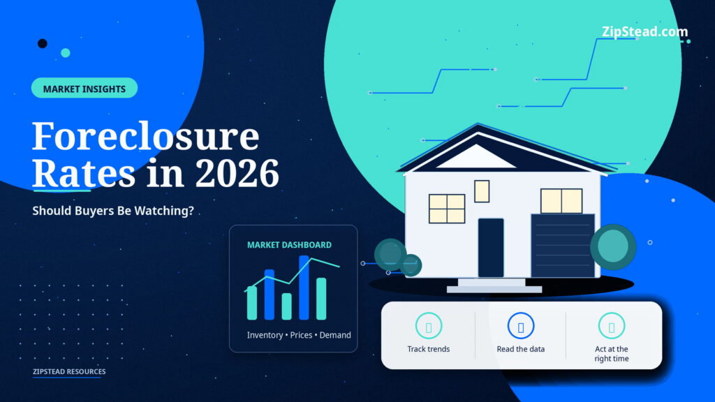 ZipStead.com featured image for Foreclosure Rates in 2026: Should Buyers Be Watching?, showing a branded market insights real estate illustration with a modern home and visual data elements.