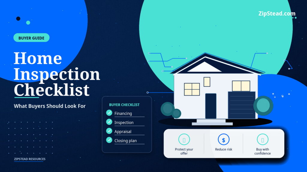 ZipStead.com featured image for Home Inspection Checklist: What Buyers Should Look For, showing a branded buyer guide real estate illustration with a modern home and visual data elements.