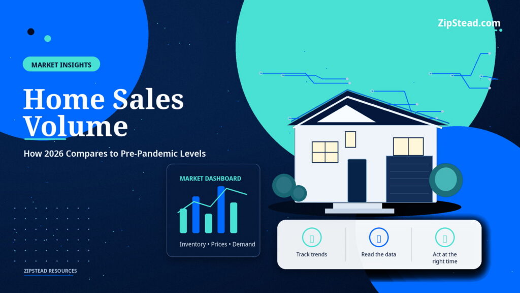 ZipStead.com featured image for Home Sales Volume: How 2026 Compares to Pre-Pandemic Levels, showing a branded market insights real estate illustration with a modern home and visual data elements.