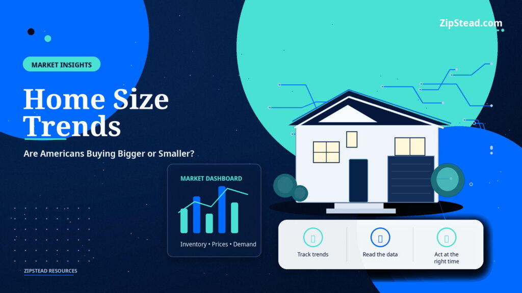 ZipStead.com featured image for Home Size Trends: Are Americans Buying Bigger or Smaller?, showing a branded market insights real estate illustration with a modern home and visual data elements.