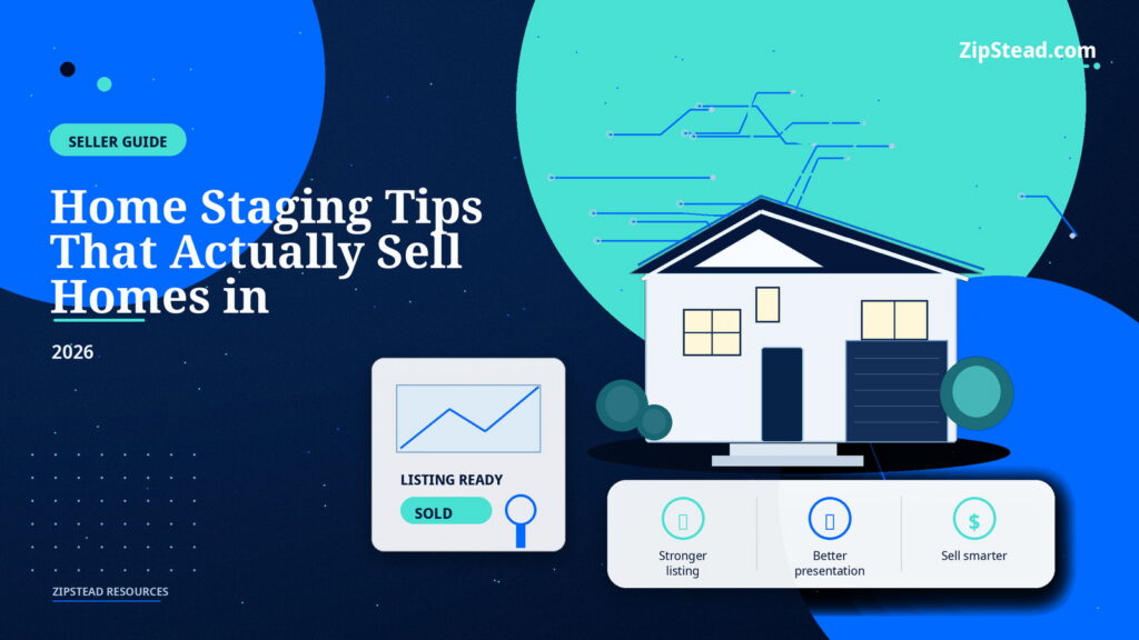 ZipStead.com featured image for Home Staging Tips That Actually Sell Homes in 2026, showing a branded seller guide real estate illustration with a modern home and visual data elements.