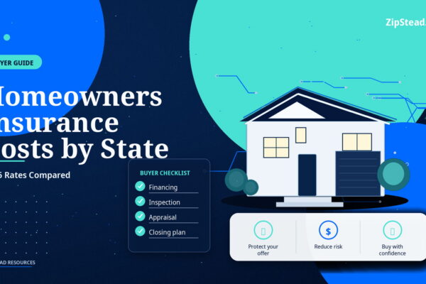 ZipStead.com featured image for Homeowners Insurance Costs by State: 2026 Rates Compared, showing a branded buyer guide real estate illustration with a modern home and visual data elements.