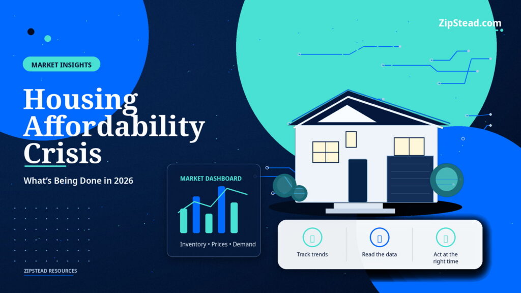ZipStead.com featured image for Housing Affordability Crisis: What’s Being Done in 2026, showing a branded market insights real estate illustration with a modern home and visual data elements.