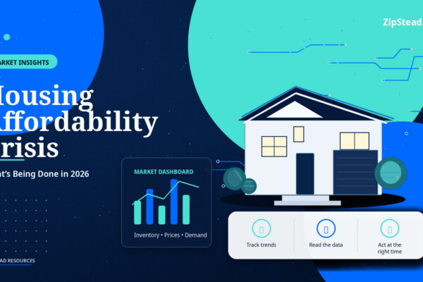 ZipStead.com featured image for Housing Affordability Crisis: What’s Being Done in 2026, showing a branded market insights real estate illustration with a modern home and visual data elements.