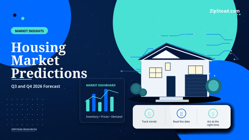 ZipStead.com featured image for Housing Market Predictions: Q3 and Q4 2026 Forecast, showing a branded market insights real estate illustration with a modern home and visual data elements.