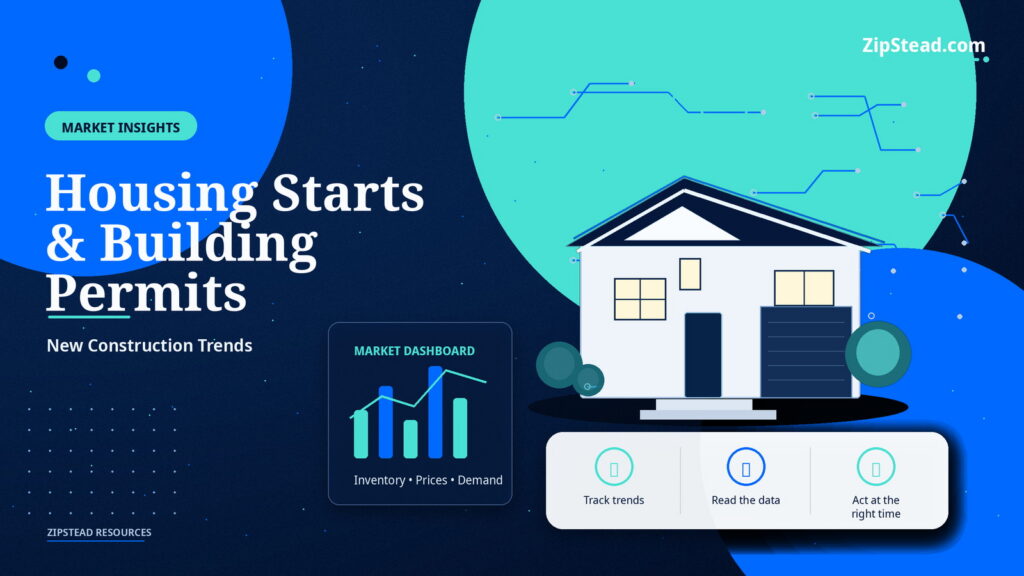 ZipStead.com featured image for Housing Starts & Building Permits: New Construction Trends, showing a branded market insights real estate illustration with a modern home and visual data elements.
