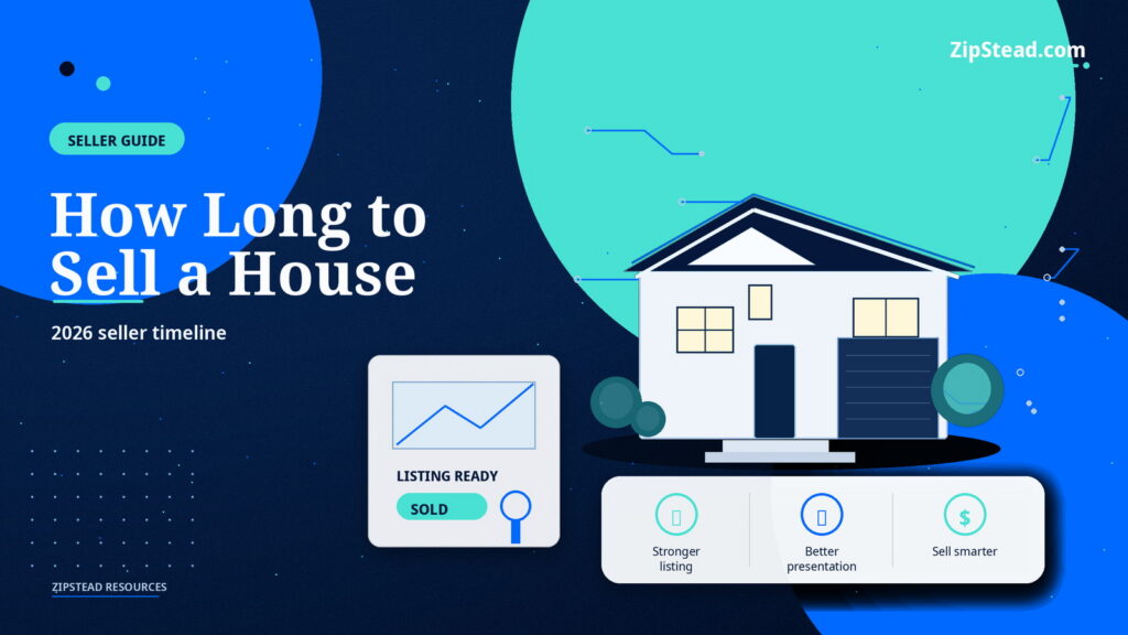 ZipStead.com featured image for How Long Does It Take to Sell a House in 2026?, showing a branded seller guide real estate illustration with a modern home and visual data elements.