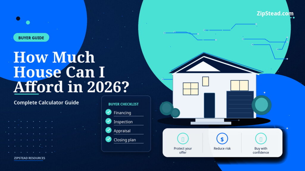 ZipStead.com featured image for How Much House Can I Afford in 2026? Complete Calculator Guide, showing a branded buyer guide real estate illustration with a modern home and visual data elements.