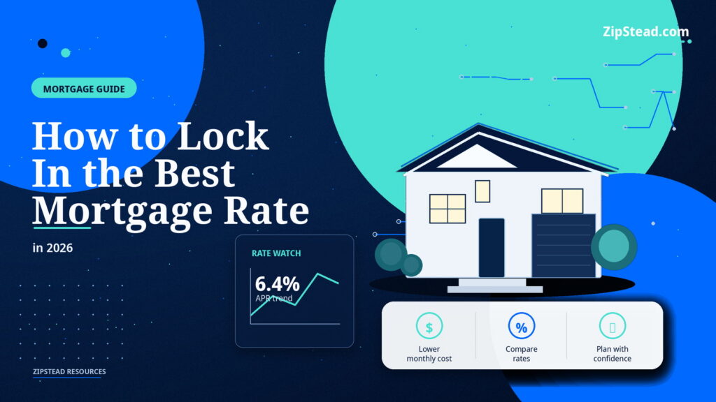 ZipStead.com featured image for How to Lock In the Best Mortgage Rate in 2026, showing a branded mortgage guide real estate illustration with a modern home and visual data elements.