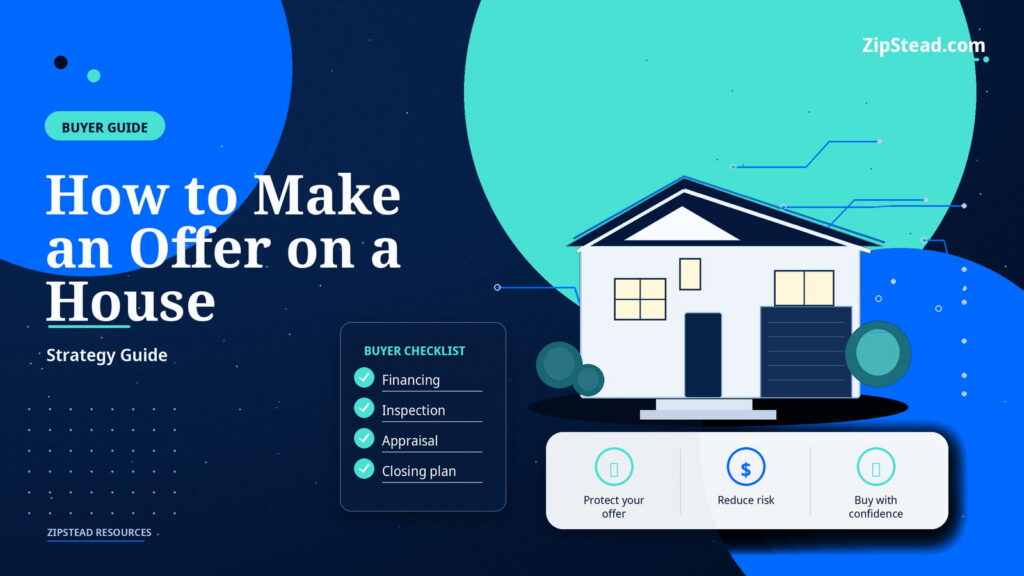 ZipStead.com featured image for How to Make an Offer on a House: Strategy Guide, showing a branded buyer guide real estate illustration with a modern home and visual data elements.