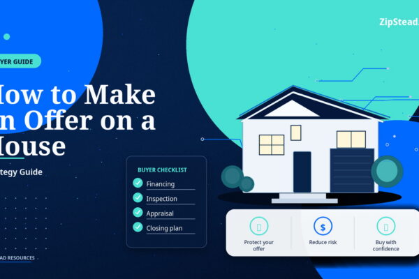 ZipStead.com featured image for How to Make an Offer on a House: Strategy Guide, showing a branded buyer guide real estate illustration with a modern home and visual data elements.