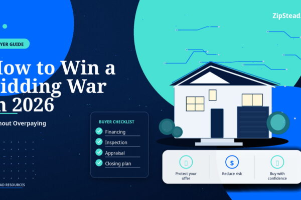 ZipStead.com featured image for How to Win a Bidding War in 2026 (Without Overpaying), showing a branded buyer guide real estate illustration with a modern home and visual data elements.