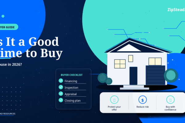 ZipStead.com featured image for Is It a Good Time to Buy a House in 2026?, showing a branded buyer guide real estate illustration with a modern home and visual data elements.