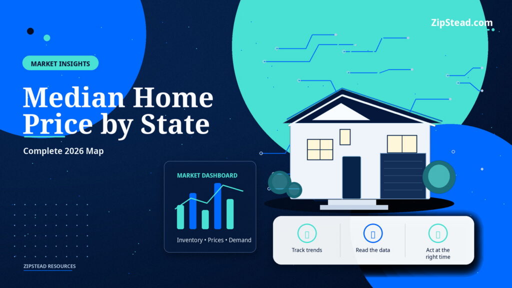 ZipStead.com featured image for Median Home Price by State: Complete 2026 Map, showing a branded market insights real estate illustration with a modern home and visual data elements.