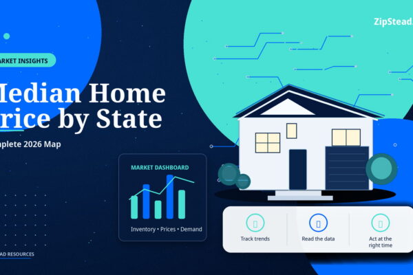 ZipStead.com featured image for Median Home Price by State: Complete 2026 Map, showing a branded market insights real estate illustration with a modern home and visual data elements.
