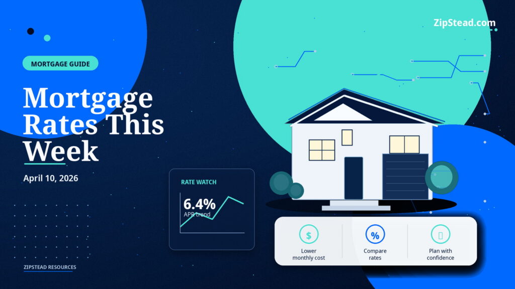 ZipStead.com featured image for Mortgage Rates This Week: April 10, 2026, showing a branded mortgage guide real estate illustration with a modern home and visual data elements.