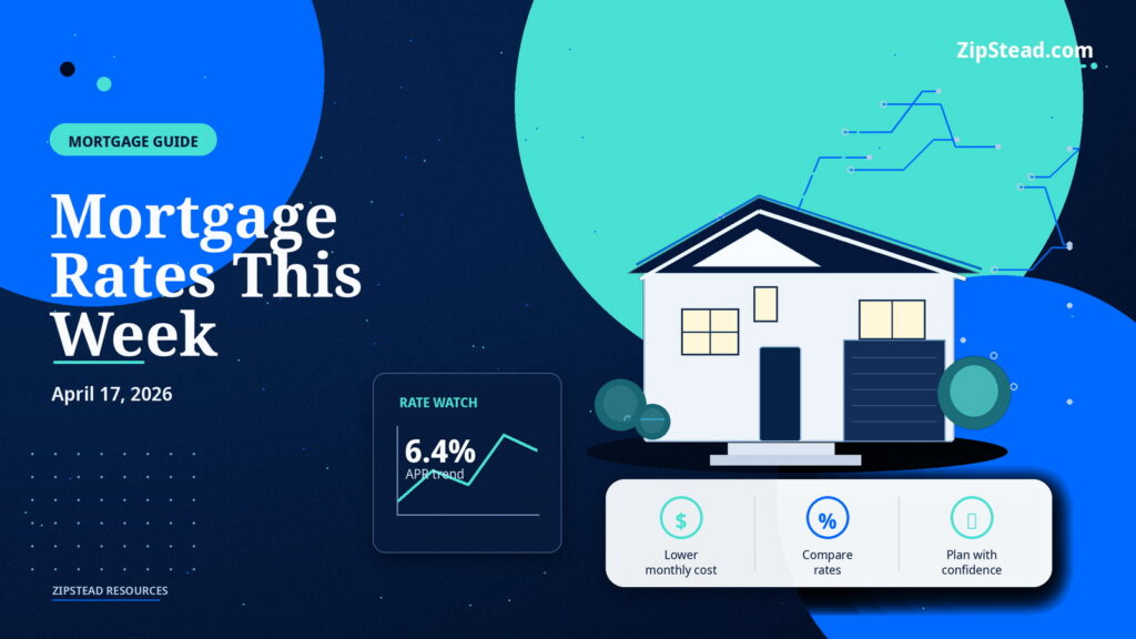 ZipStead.com featured image for Mortgage Rates This Week: April 17, 2026, showing a branded mortgage guide real estate illustration with a modern home and visual data elements.