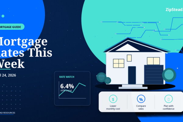 ZipStead.com featured image for Mortgage Rates This Week: April 24, 2026, showing a branded mortgage guide real estate illustration with a modern home and visual data elements.