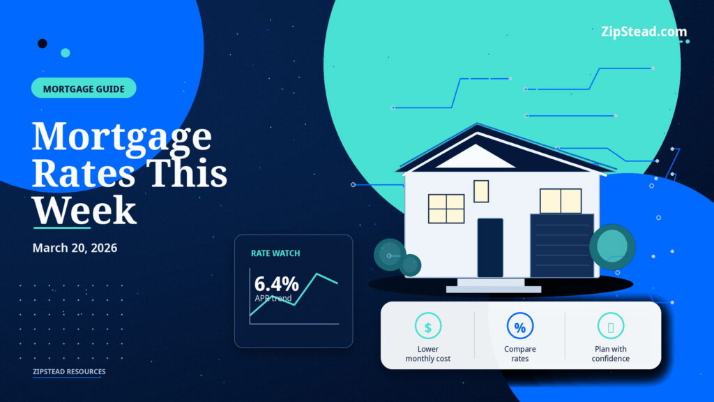 ZipStead.com featured image for Mortgage Rates This Week: March 20, 2026, showing a branded mortgage guide real estate illustration with a modern home and visual data elements.